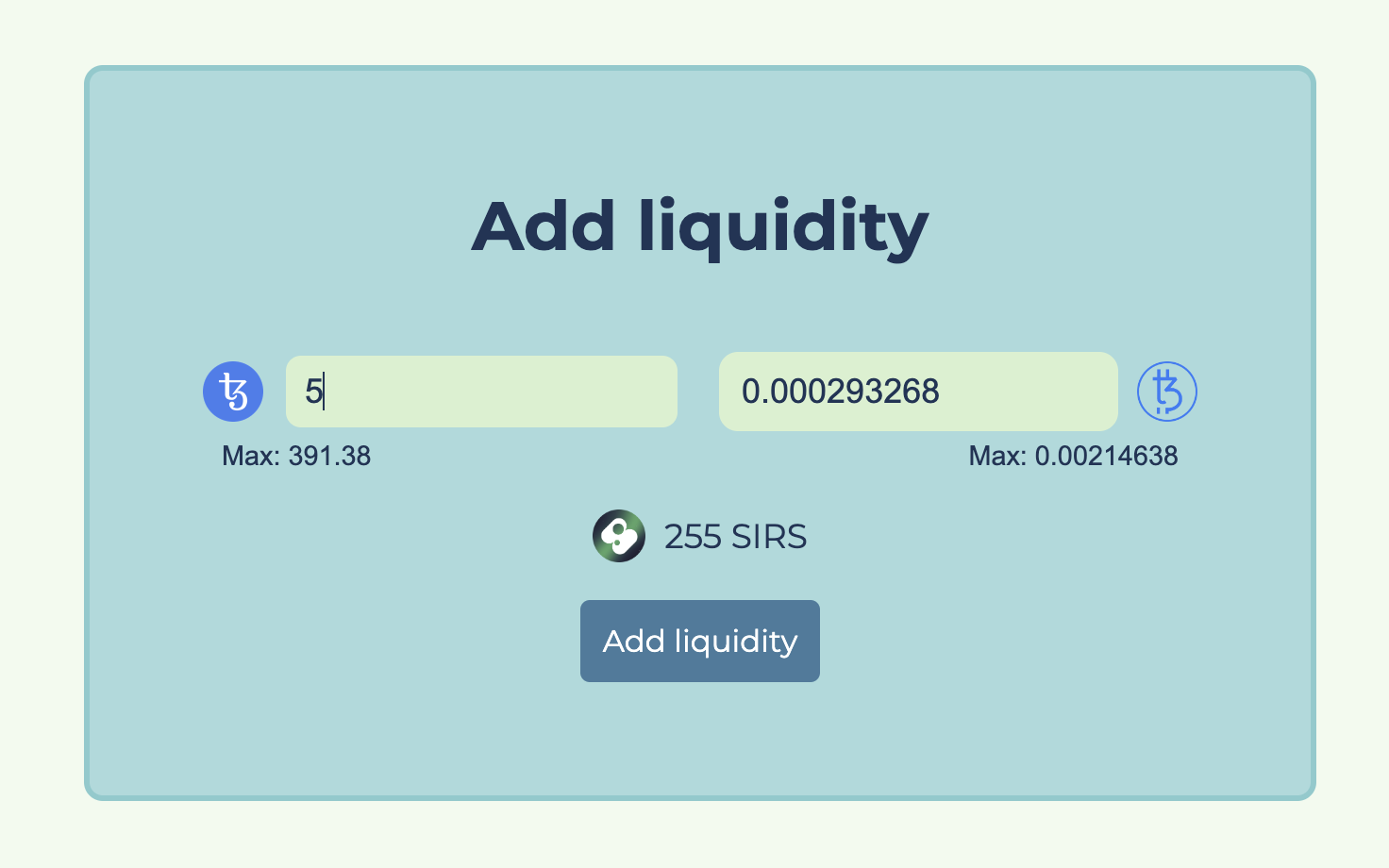 The interface for adding liquidity